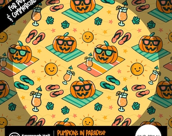 Beach Pumpkin Seamless Pattern: Hand-Drawn Summer Jack-O-Lanterns, Flip Flops & Suns, 300 DPI Repeating PNG Digital Design