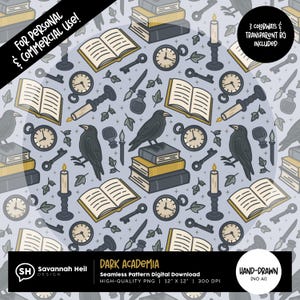 Op de afbeelding: Naadloos digitaal patroon met een dark academia thema. Het ontwerp bevat open boeken, klokken, sleutels, inktpotten, veren, kaarsen en kraaien op een lichtblauwe achtergrond. De tekst "DARK ACADEMIA" is inbegrepen.