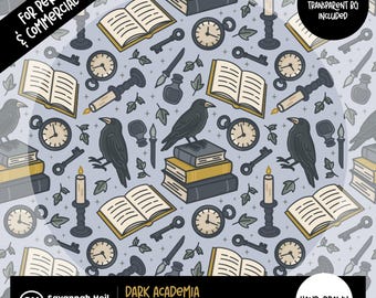 Dark Academia Bookish Seamless Pattern: Hand-Drawn Books, Ravens, Candles & Gothic Keys, 300 DPI Repeating PNG Digital Design