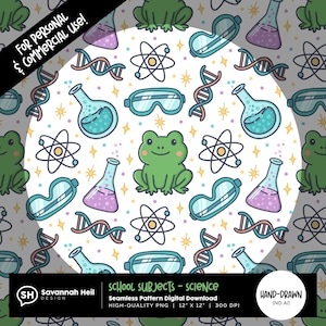 Puede incluir: Descarga digital de un patrón sin costuras con temática científica. El diseño incluye ranas de dibujos animados, vasos de precipitados, átomos, hebras de ADN y gafas de seguridad en tonos verdes, azules, morados y amarillos sobre un fondo blanco. También se incluye el texto "SCHOOL SUBJECTS - SCIENCE".