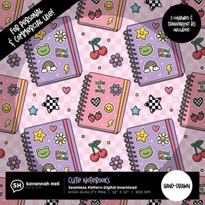 May include: A seamless digital pattern featuring repeating illustrations of spiral-bound notebooks decorated with colorful stickers including smiley faces, frogs, cherries, rainbows, stars, and flowers, set against a light pink checkered background.