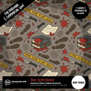 Op de afbeelding: Naadloos patroon met een true crime-thema. Het ontwerp bevat bloedspatten, bloederige messen, voetafdrukken, vingerafdrukken, boeken en afzetlint. De tekst luidt "TRUE CRIME BOOKISH".