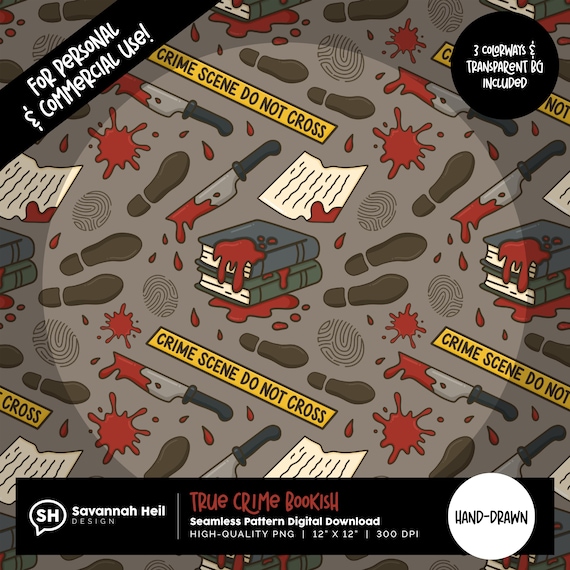 True Crime Bookish Seamless Pattern: Mystery & Thriller Book Lovers, Hand-Drawn Crime Scene Tape, Bloody Knives, 300 DPI PNG Digital Design