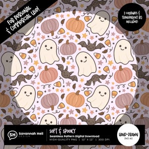 May include: A seamless digital pattern featuring pumpkins, ghosts, bats, stars, and candy corn in soft colors. The design includes the text "Soft & Spooky" and "For Personal & Commercial Use!" on a light purple background. The pattern is hand-drawn.