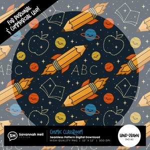 May include: Seamless pattern with a cosmic classroom theme. The design features yellow pencils with rocket flames, planets, smiling faces, apples, and open books on a dark blue background. The word "ABC" is also present. The text "Cosmic Classroom" is included.