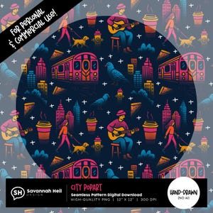 Padrão de Pop Art Urbano Sem Costura | Design PNG de Vida Urbana | Clipart de Metrô, Café e Música | Desenhado à Mão - Sem IA | Uso Comercial Aprovado
