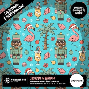 May include: Seamless digital pattern with a tropical Christmas theme. The design features a repeating pattern of pink flamingos wearing Santa hats, nutcrackers, palm trees, cocktails, seashells, and ornaments on a light blue background. The text "Christmas in Paradise" is included.