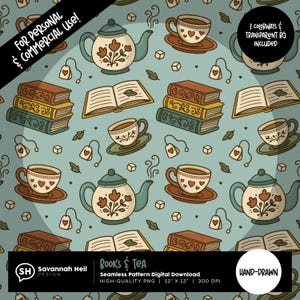 Könnte beinhalten: Nahtloses Muster mit Teetassen, Teekannen, Büchern und Teebeuteln auf hellblauem Hintergrund. Das Design enthält den Text "Books & Tea" und "For Personal & Commercial Use!". Das Muster ist handgezeichnet und enthält 3 Farbvarianten.