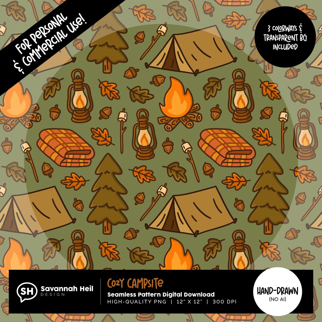 Camping Seamless Pattern: Hand-drawn Fall Campfire, Cozy Tent & Autumn ...
