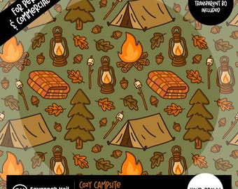 Może przedstawiać: Bezszwowy wzór z elementami kempingowymi, takimi jak namioty, ogniska, latarnie, koce, drzewa i pianki marshmallow na zielonym tle. Projekt zawiera tekst "Cozy Campsite" i "Seamless Pattern Digital Download".