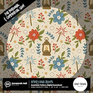 Padrão sem emendas de flores americanas | Download digital floral de 4 de julho | PNG patriótico para artesanato | Desenhado à mão - Sem IA | Uso comercial permitido