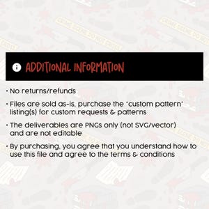 May include: A black banner with the text "ADDITIONAL INFORMATION" in red. Below the banner are bullet points with information about returns, file types, and terms of use. The background features crime scene elements.