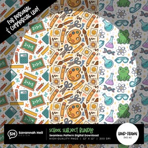 Paquete de patrones sin costuras de asignaturas escolares / Imágenes PNG de matemáticas, arte y ciencias / Diseño de profesor de aula encantador / Dibujado a mano - Sin IA / Uso comercial permitido