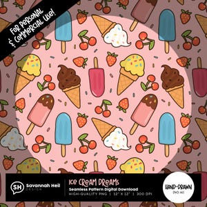 Sonhos de Sorvete Padrão Sem Costura | Download Digital de Guloseimas de Verão PNG | Design de Sobremesa Rosa Fofo | Desenhado à Mão - Sem IA | Uso Comercial Aprovado