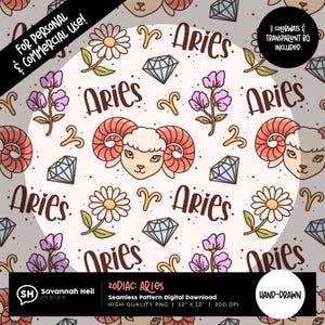 Può includere: Un motivo digitale senza cuciture con simboli zodiacali dell'Ariete. Il design include teste di ariete, la parola "Aries", fiori, diamanti e il simbolo dell'Ariete. Il testo "For Personal & Commercial Use!" è visibile. Il design è disegnato a mano.