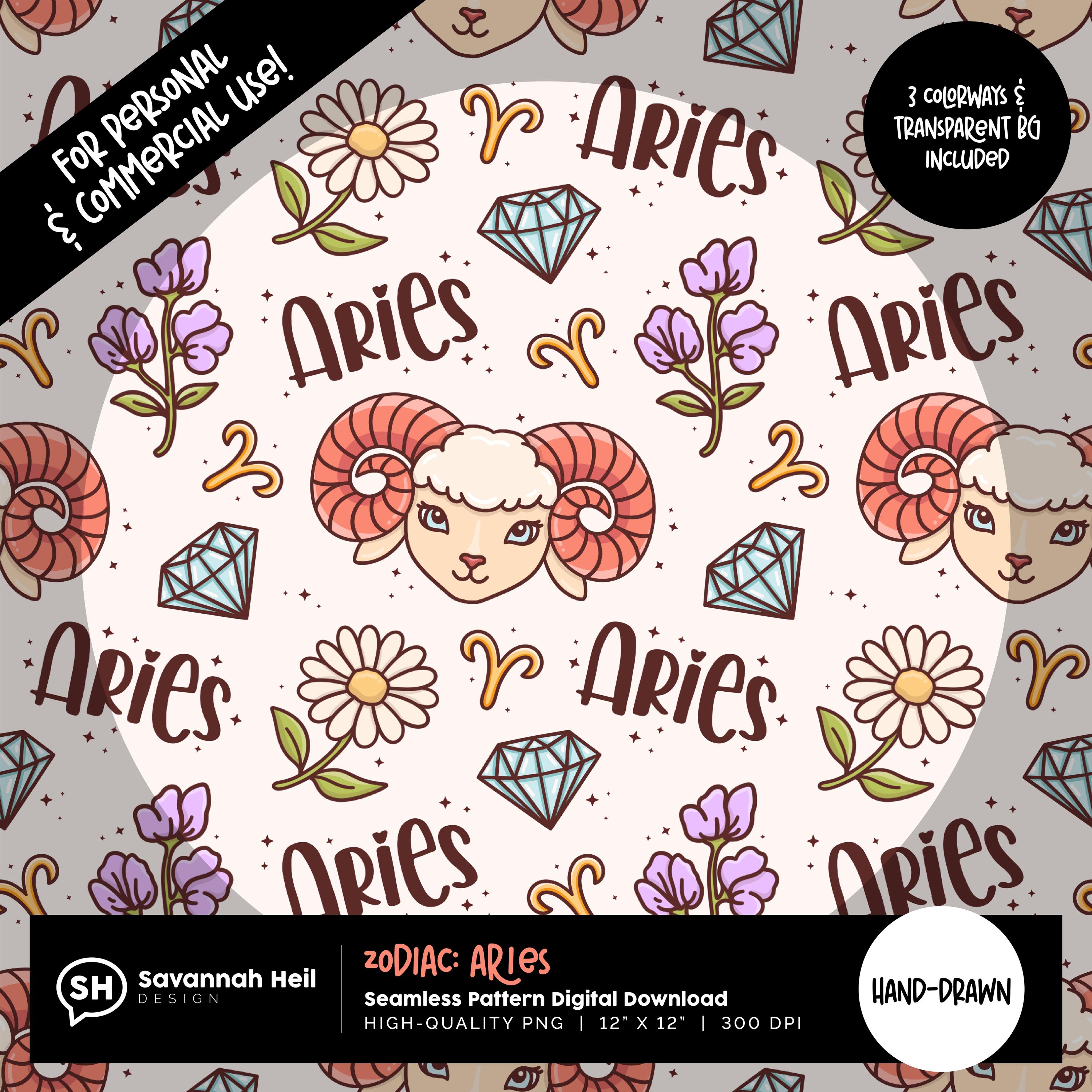 Aries Zodiac Seamless Pattern: Hand-drawn Astrology, Birth Month, Ram ...