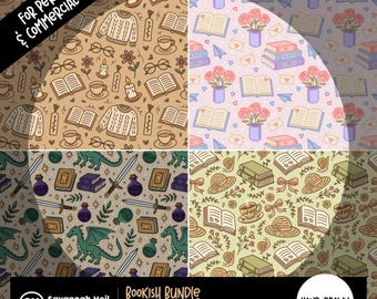 Bookish Seamless Pattern Bundle: Hand-Drawn Fantasy, Romance, Cozy Cottagecore Book | 300 DPI Repeating PNG Digital Design