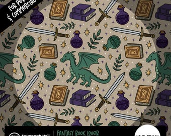 Fantasy Bookish Seamless Pattern: Hand-Drawn Dragon, Potion, Sword, Spell Book, 300 DPI Repeating PNG Digital Design