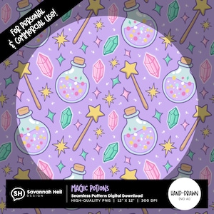 Padrão de Poções Mágicas Sem Costura | Fantasia Fofa | Design de Varinha de Estrela de Cristal | Estética Roxo Pastel | Desenhado à Mão - Sem IA | Uso Comercial OK