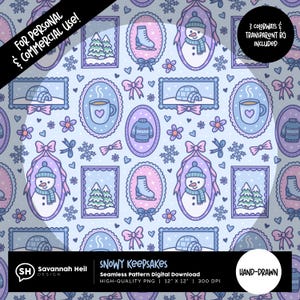 May include: A repeating pattern with winter motifs, including snowmen, ice skates, and cosy sweaters. The design incorporates framed illustrations of winter scenes, with a colour scheme of pale blue, pink, and purple. The pattern is hand-drawn.