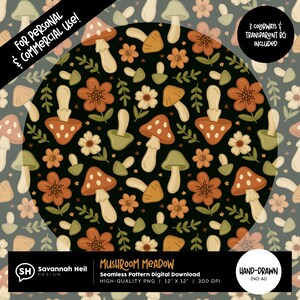 May include: A seamless digital pattern featuring a whimsical design of mushrooms and flowers in shades of orange, cream, and green on a dark background. The text reads "Mushroom Meadow" and "Hand-Drawn". Includes 3 colorways and a transparent background. For personal and commercial use.