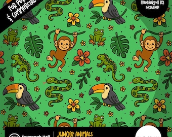 Jungle Animals Seamless Pattern: Hand-Drawn Monkey Toucan Snake Frog, Kids Fabric Print, Commercial Use