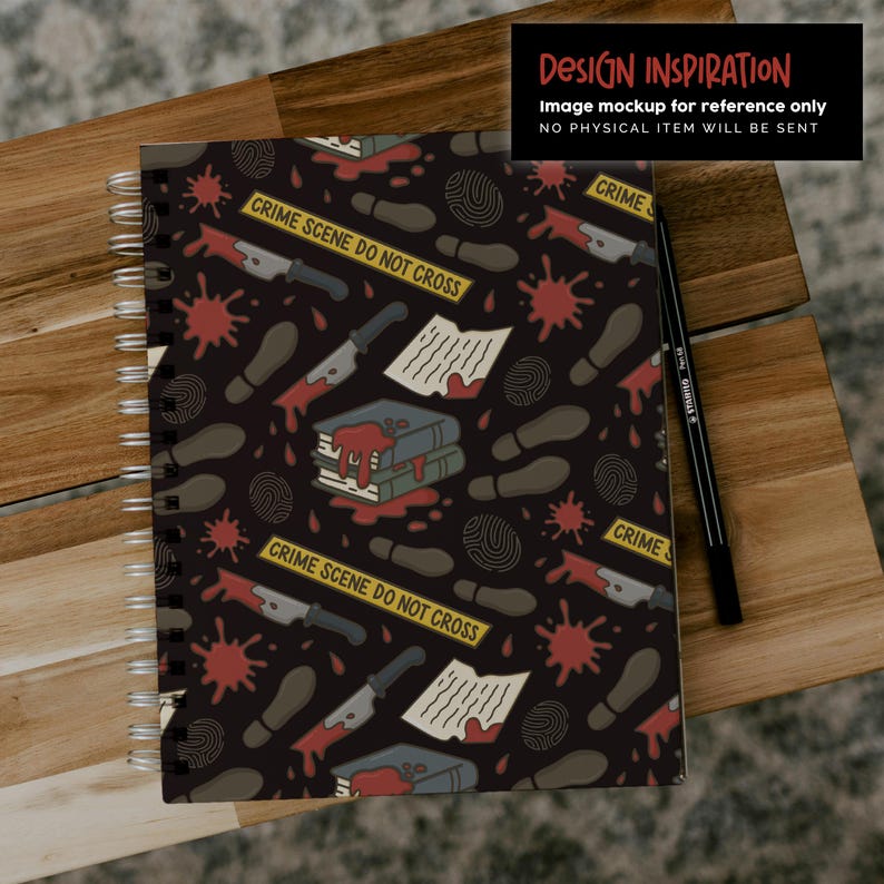 May include: Spiral-bound notebook with a dark background featuring a crime scene design. The pattern includes blood splatters, knives, footprints, fingerprints, and the text "CRIME SCENE DO NOT CROSS". A black pen rests on the side. The text "DESIGN INSPIRATION" is also visible.