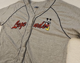 VTG Disney 90's Jersey Adult Size M Grey Short Sleeve Button Up *Missing Button