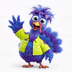 May include: A cartoon turkey with blue and purple feathers wearing a bright lime green denim-style jacket and purple sunglasses. The turkey has large eyes, a yellow beak, and a red wattle, and is waving one wing while standing on orange feet.