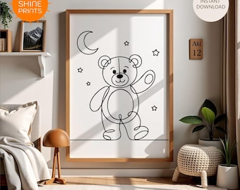 Children's line drawing of a teddy bear for children's interior design wall art.