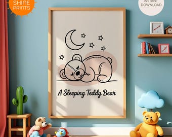 Teddy Bear Line Art Print: Minimalist Nursery Decor (Digital Download