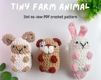 3in1 No-Sew Farm Animal Crochet Pattern – Amigurumi Bunny, Dog, Ram (PDF)