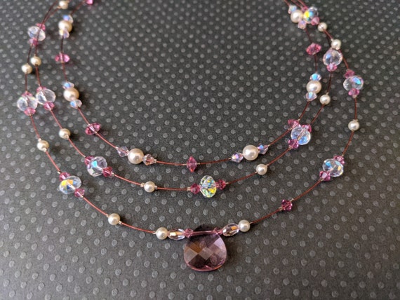 Three Strand Necklace Swarovski Beads and Pearls 