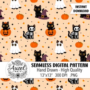 Padrão de gato preto de Halloween PNG sem costura | Desenhado à mão | Download digital para tecido, papel ou vinil | Design de superfície | Tecido infantil e para bebês