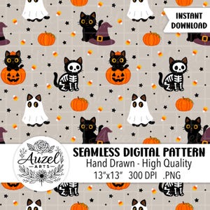 Padrão de gato preto de Halloween PNG sem costura | Desenhado à mão | Download digital para tecido, papel ou vinil | Design de superfície | Tecido infantil e para bebês