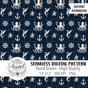 Maritime Nautische Nahtlose Muster Hand Gezeichnet PNG 300DPI Digitaler Download für Papier Vinyl Stoff Oberflächendesign Küsten Meer Boot Ozean