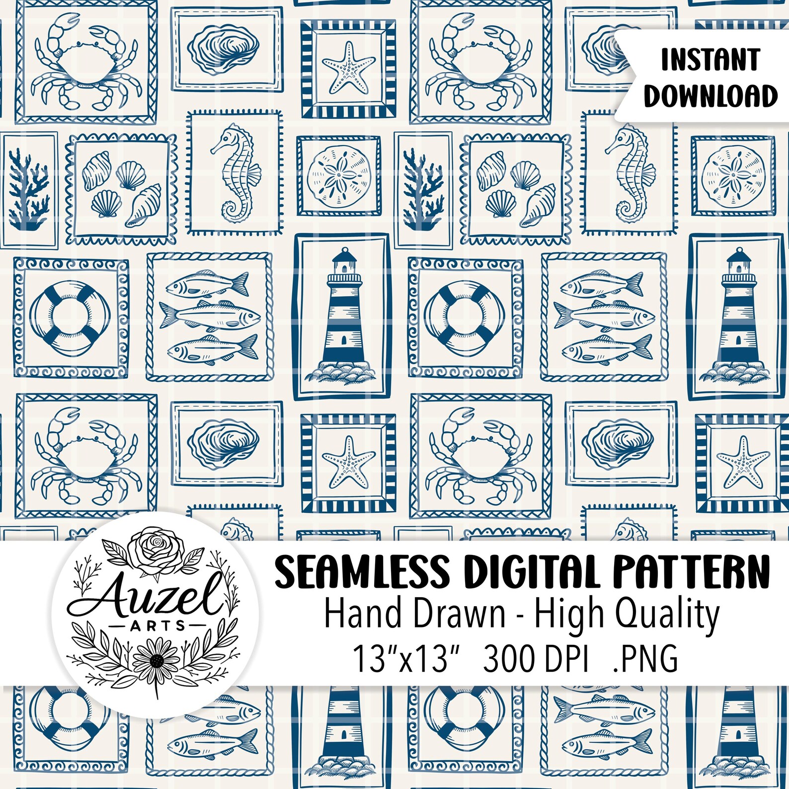 Simple Coastal Pattern Coastal Nautical Pattern | Hand Drawn Seamless PNG | Nantucket Summer ...