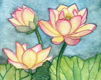 Lotus No. 5, Lotus Flowers Watercolor Painting, Fine Art Print, Wall Art