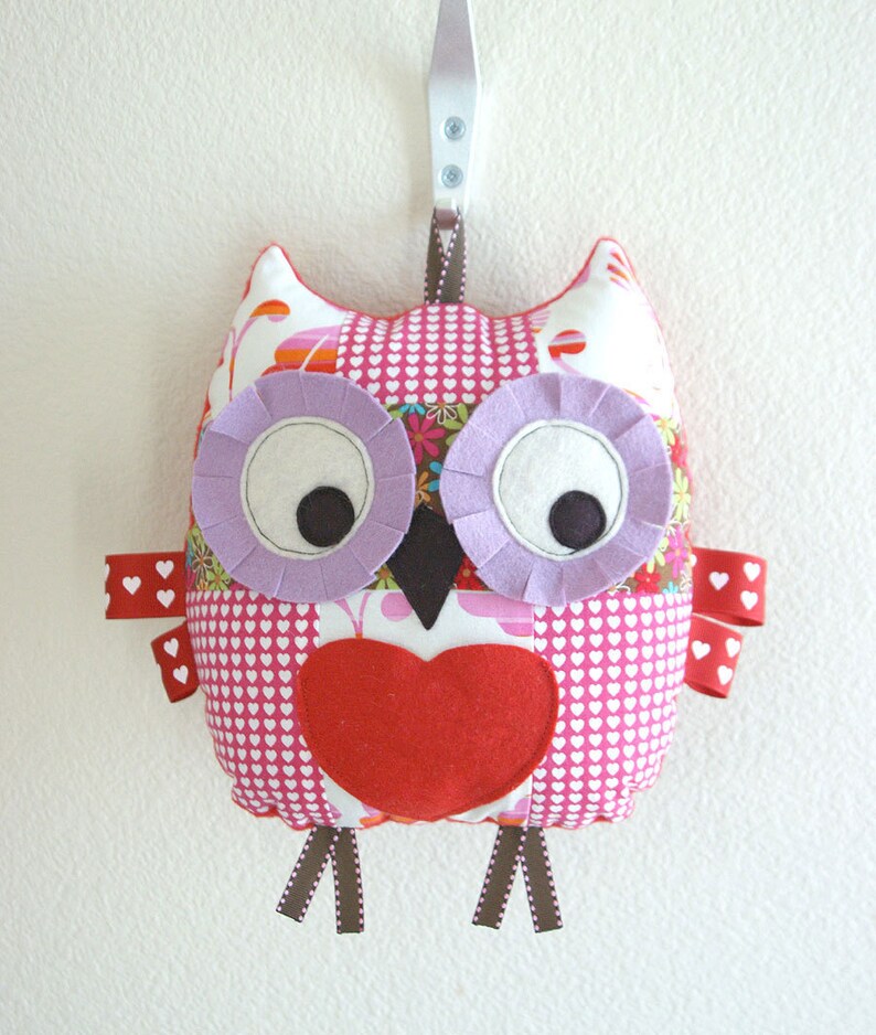 Valentines Plush Owl, Tooth Fairy Pillow, Owl Pillow, Stuffed Animal, Owl Toy, with Front Love heart Pocket image 3