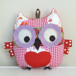 Valentines Plush Owl, Tooth Fairy Pillow, Owl Pillow, Stuffed Animal, Owl Toy, with Front Love heart Pocket image 1