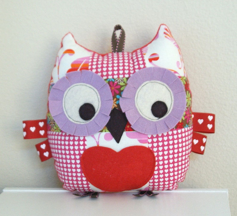 Valentines Plush Owl, Tooth Fairy Pillow, Owl Pillow, Stuffed Animal, Owl Toy, with Front Love heart Pocket image 1