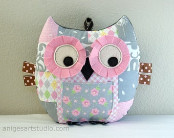 Owl Pillow, Patchwork Owl, Tooth Fairy Pillow, Owl Plush Toy, Stuffed Animal, Great Baby Girl Gift, Pink and Gray