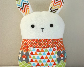 Patchwork Bunny, Tooth Fairy Pillow, Rabbit Plush, Stuffed Toy, Unisex Baby Gift, Orange Blue Gray Green