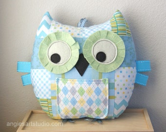 Owl Pillow, Tooth Fairy Pillow, Owl Plush Toy, Stuffed Animal, Patchwork Owl, Great Gift for Baby Boy, Blue and Yellow