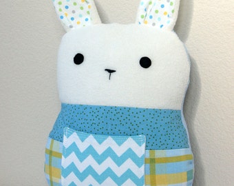 Patchwork Bunny, Tooth Fairy Pillow, Plush Bunny, Stuffed Animal Toy, Great Boy Gift, Aqua Chevron and Yellow
