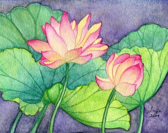 Lotus No. 2, Lotus Flowers Watercolor Painting, Fine Art Print, Wall Art