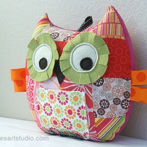 Owl Pillow, Tooth Fairy Pillow, Owl Plush Toy, Patchwork Owl, Stuffed Animal, Orange, Green and Pink image 2