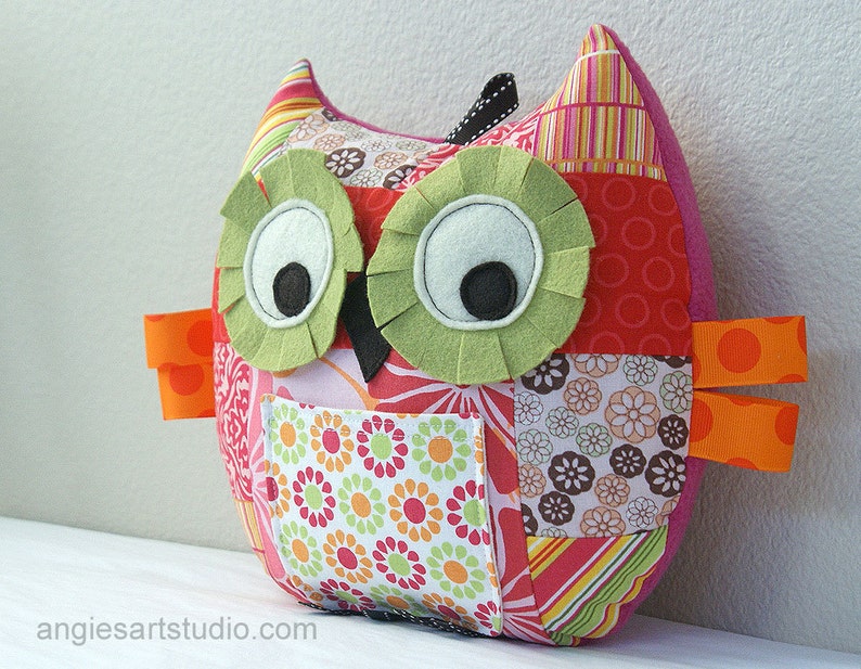 Owl Pillow, Tooth Fairy Pillow, Owl Plush Toy, Patchwork Owl, Stuffed Animal, Orange, Green and Pink image 2