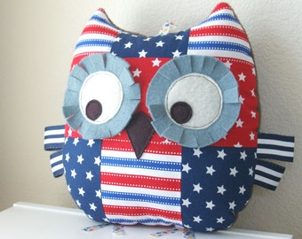 Owl Pillow, Stars and Stripes, Patchwork Owl, Stuffed Animal, Owl Plush Toy, Great Baby Gift, Red White and Blue