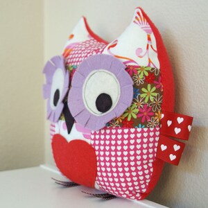 Valentines Plush Owl, Tooth Fairy Pillow, Owl Pillow, Stuffed Animal, Owl Toy, with Front Love heart Pocket image 2